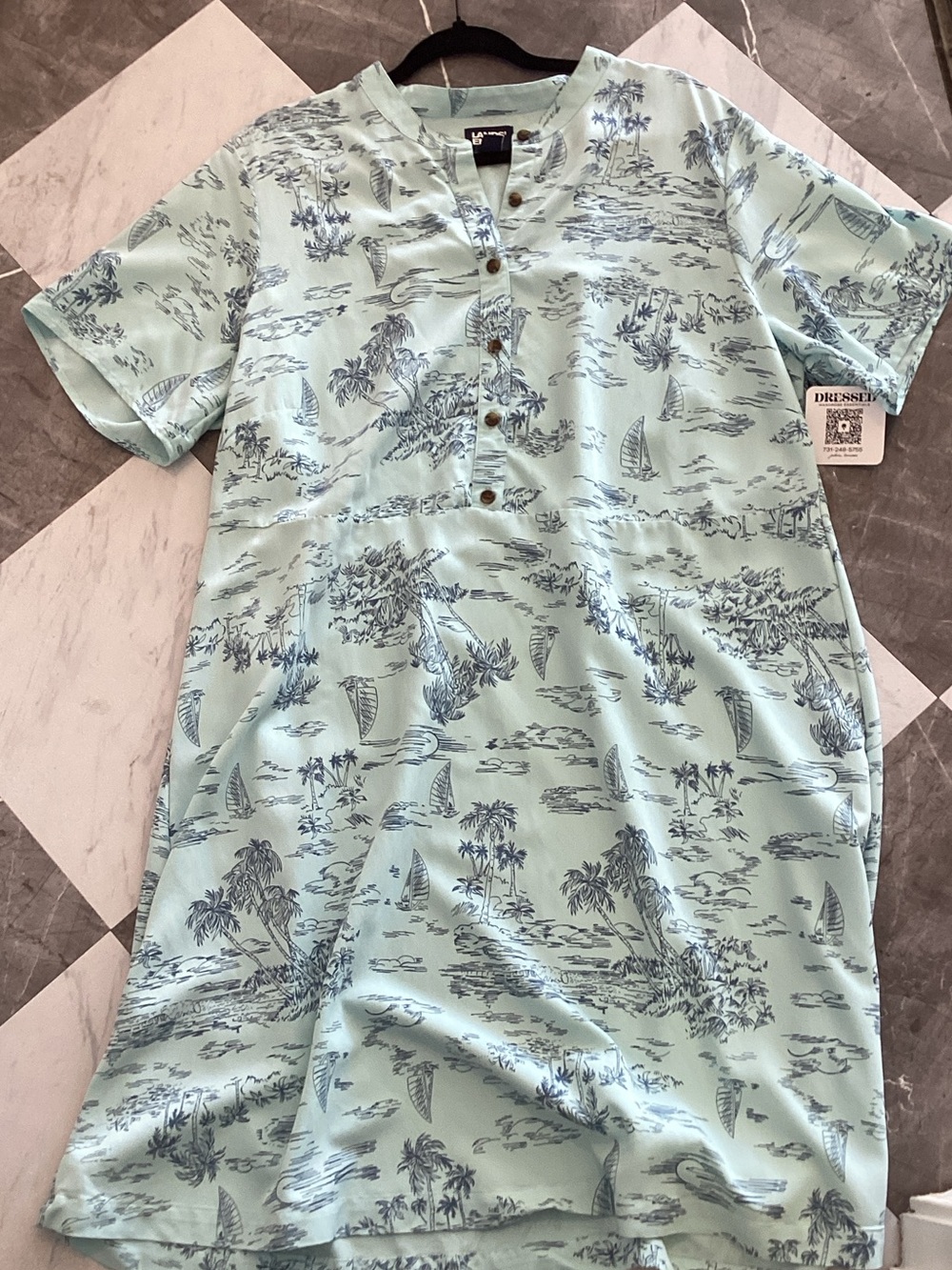 Lands' End Light Aqua Henley Dress with Navy Nautical Print